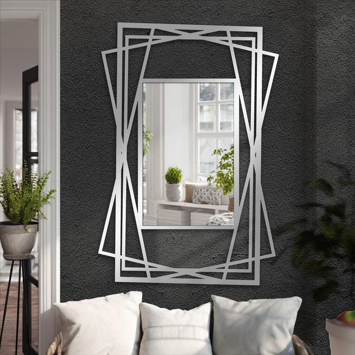 The realistic detail reveals a layered geometric frame floor mirror with modern black metal artwork, showcasing a sophisticated and detailed design.