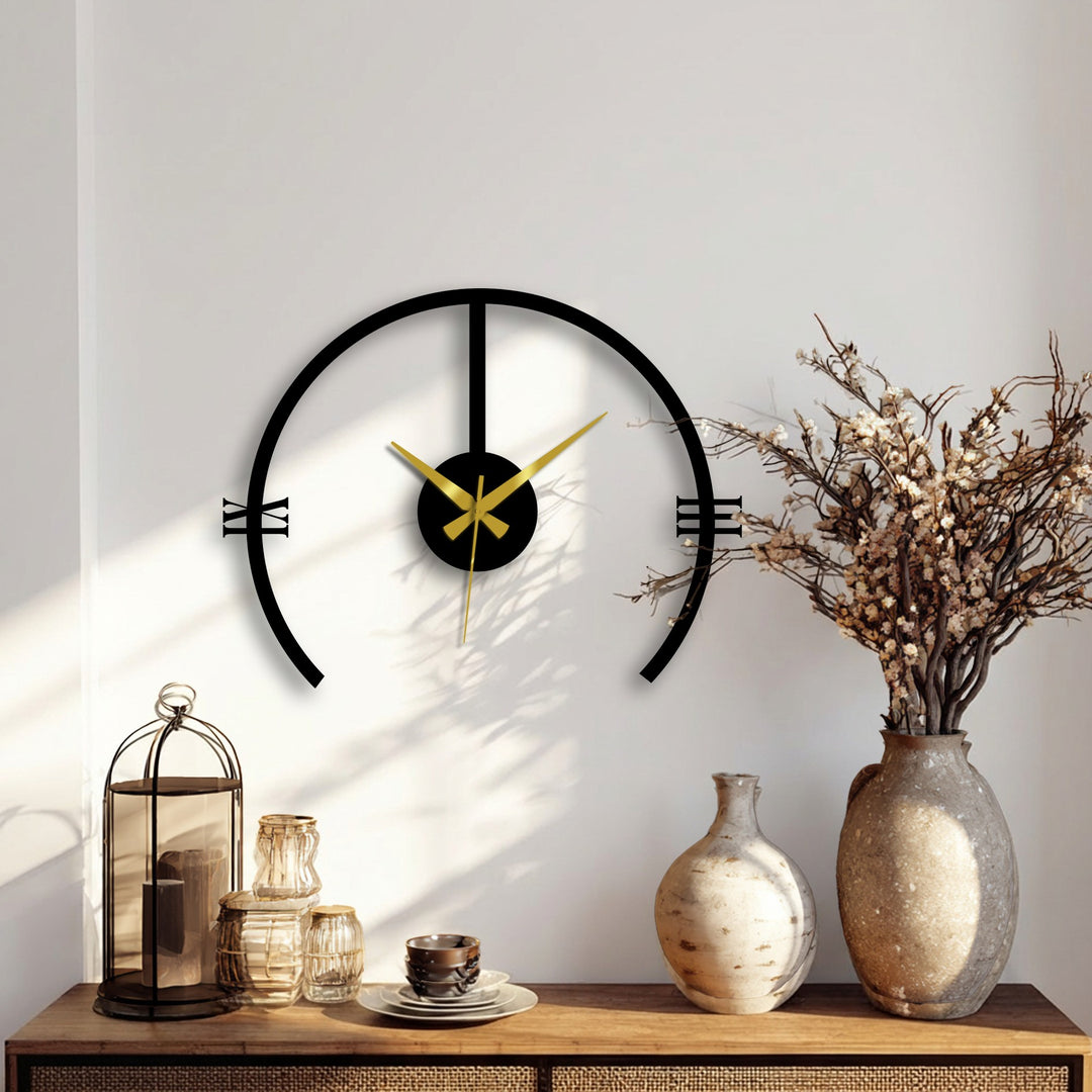 Warm lighting enhances the minimalist contemporary arch metal wall clock, showcasing a decorative metal art piece against a bright, neutral backdrop.
