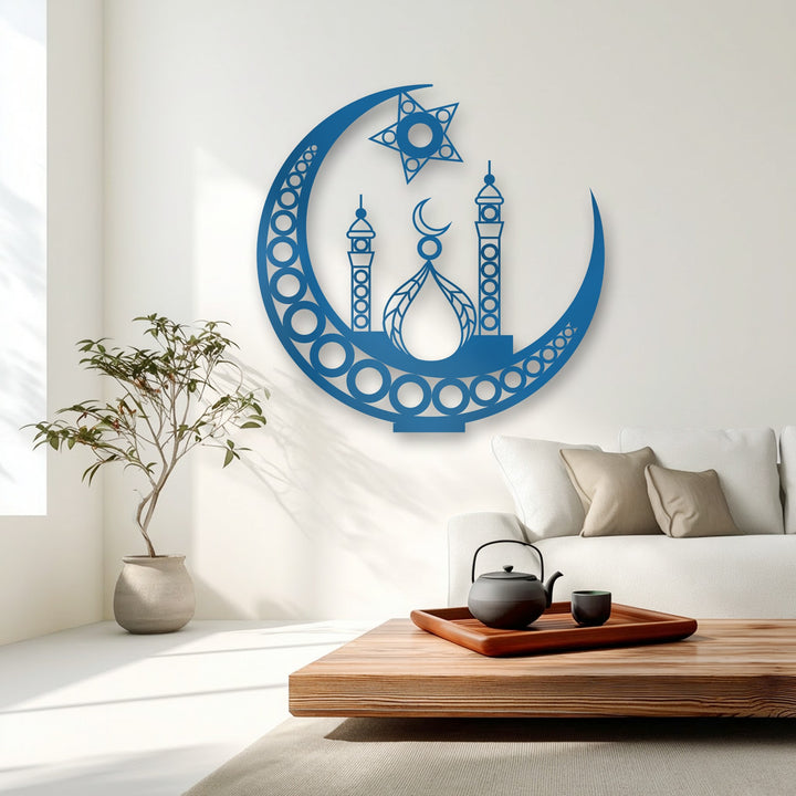 The elegant blue Islamic crescent moon and mosque design, a striking metal art for wall, adorns a bright white interior.