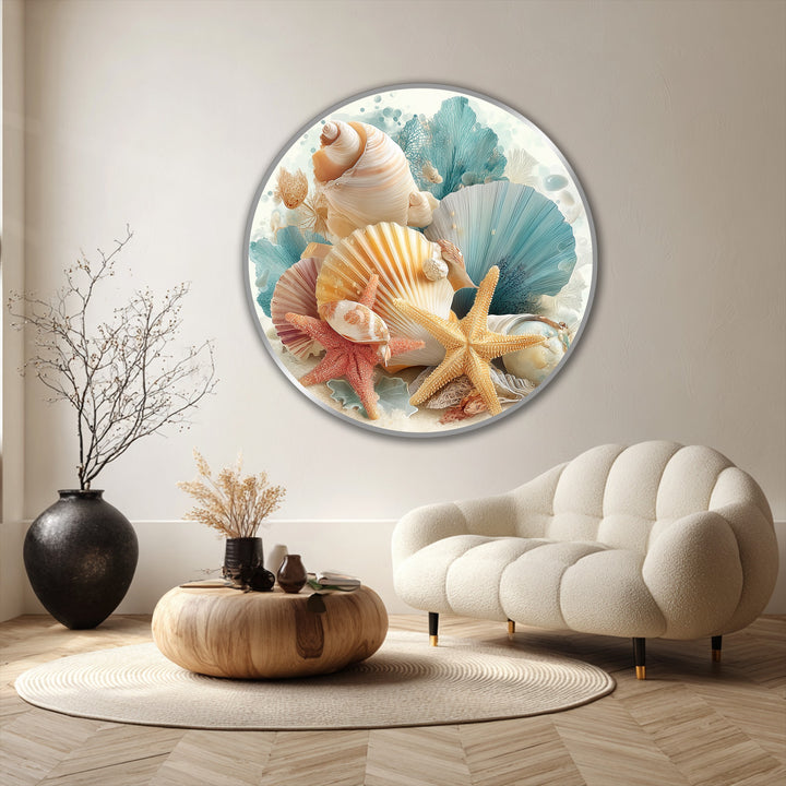 Pastel coastal shells round oil painting artwork showcases various shells and starfish in soft hues, creating a serene beach-themed home decoration.