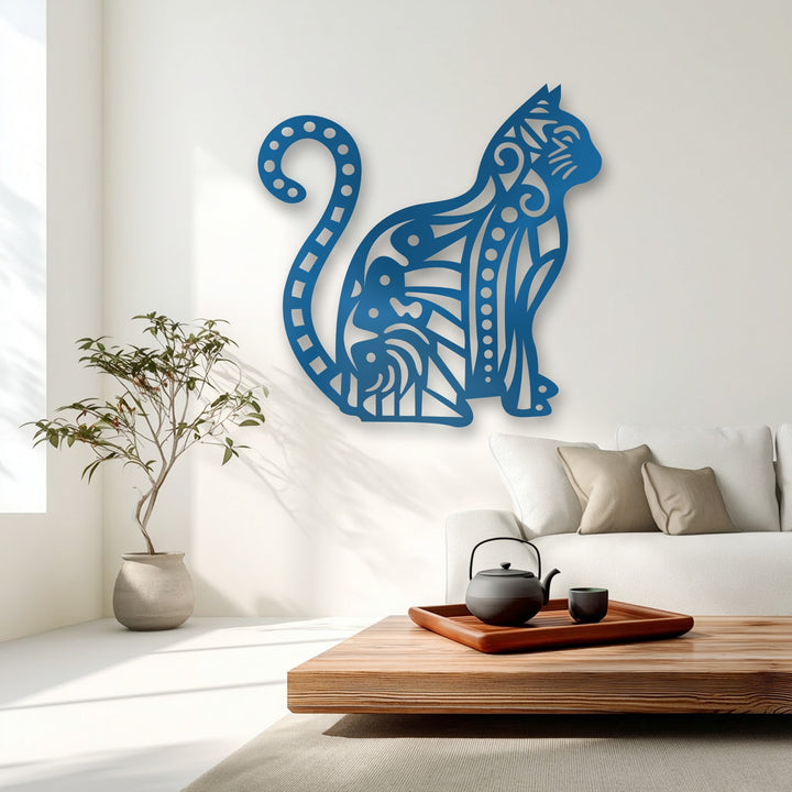 Azure ornamental cat silhouette decorative metal art creates depth and layers with intricate patterns and cast shadow.