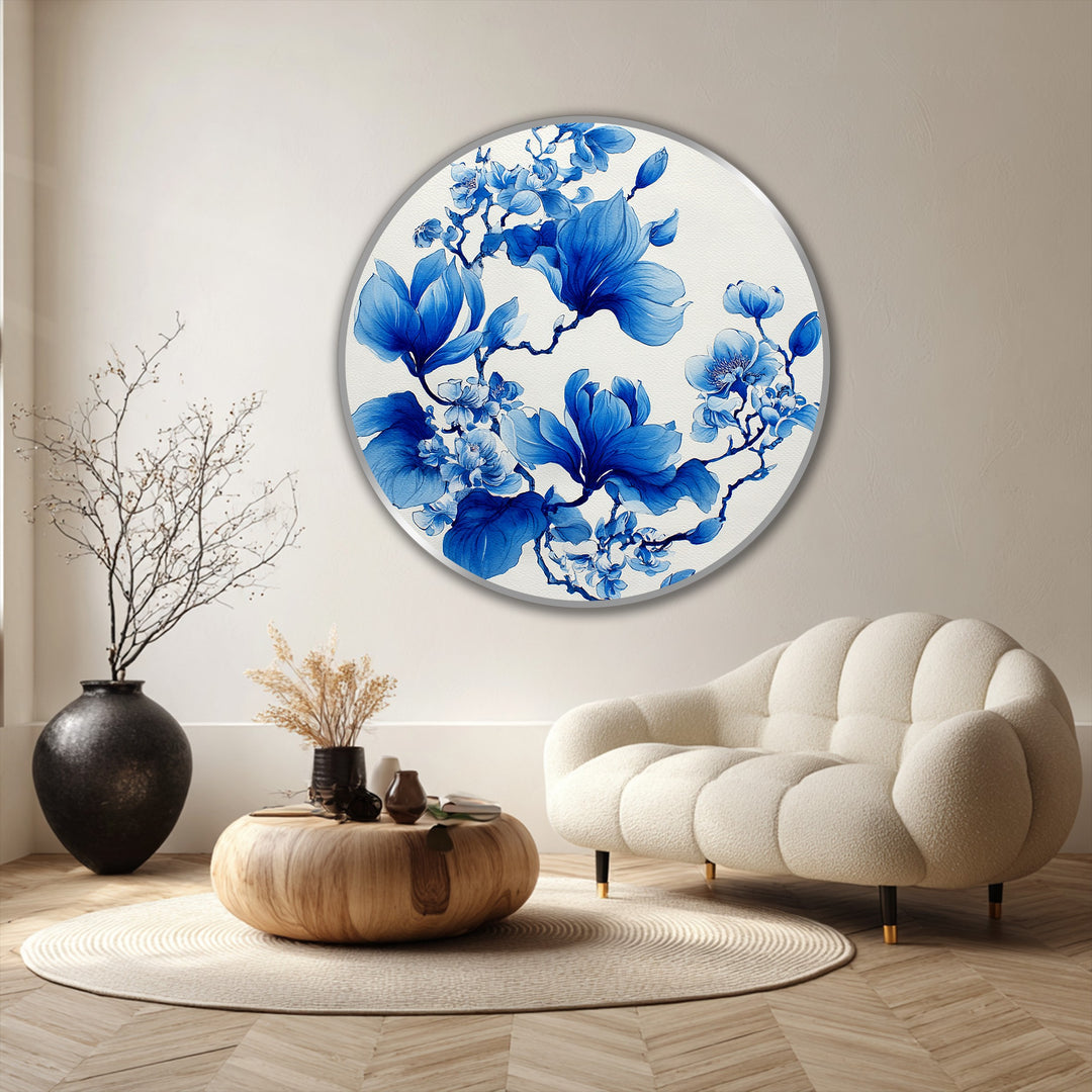 Highlighting the darkest area, the elegant round oil painting art prints showcases deep navy magnolia blossoms in a modern botanical design on wood.