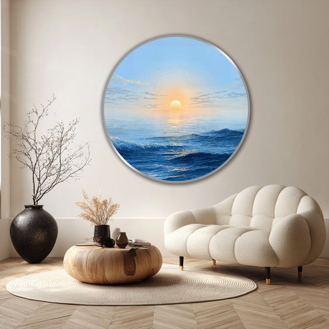 Circular Golden Horizon Waves oil painting artwork features a serene geometric design, echoing the round coffee table and rug, complemented by the angular chevron flooring.