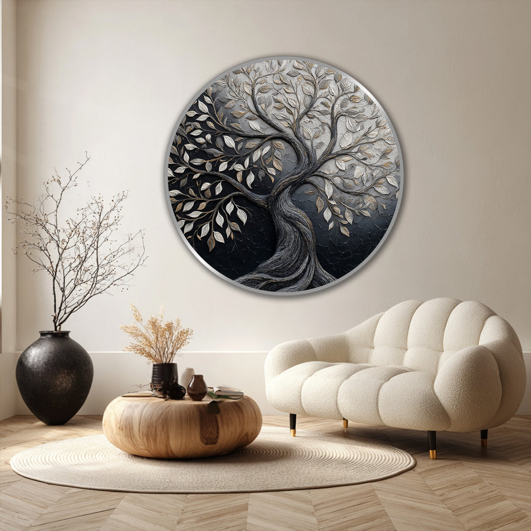 Eternal Contrast – Dual Tone Tree of Life Round Oil Painting