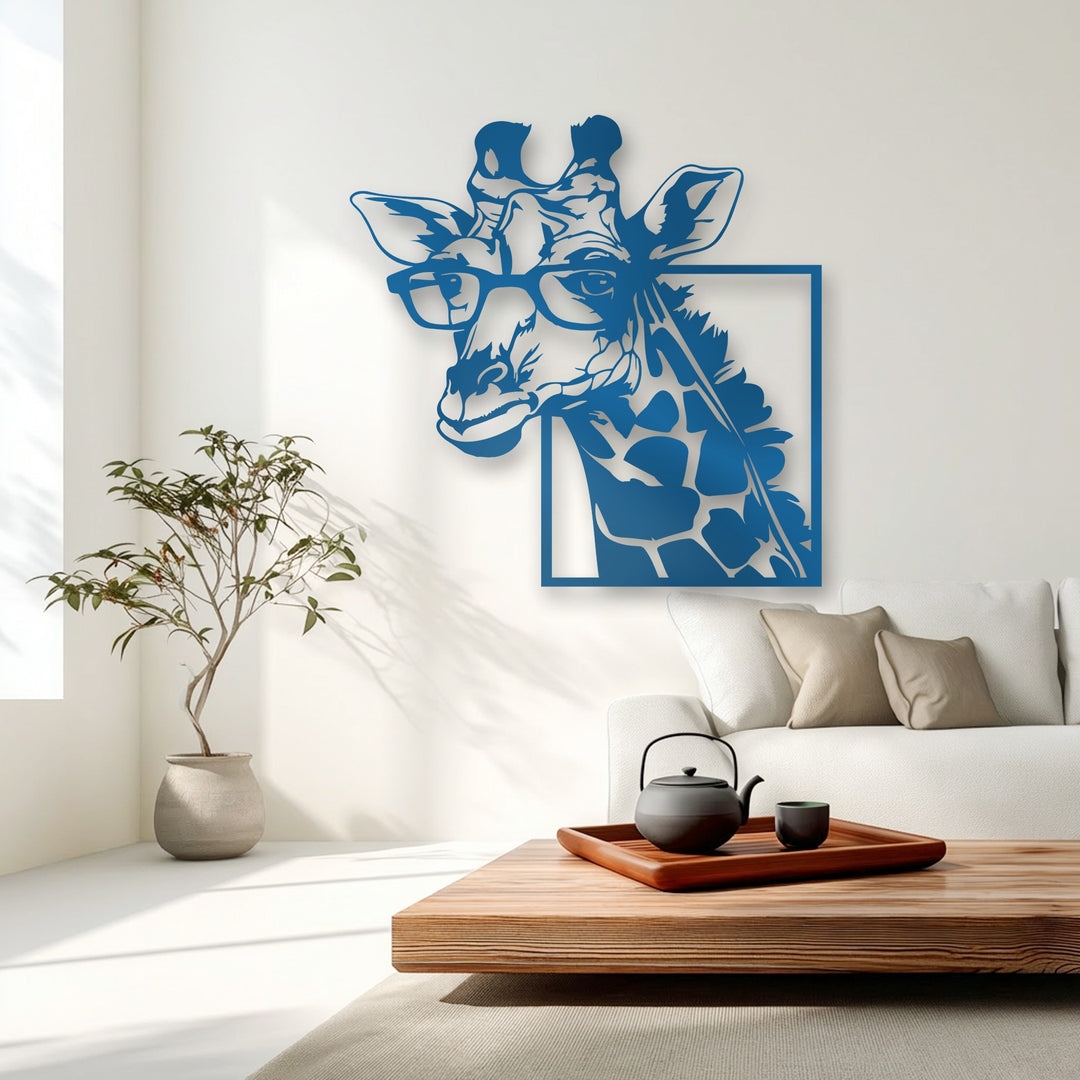 Vertically oriented, this bold blue metal wall decor features a stylish giraffe head wearing glasses, partially framed by a sleek rectangle.