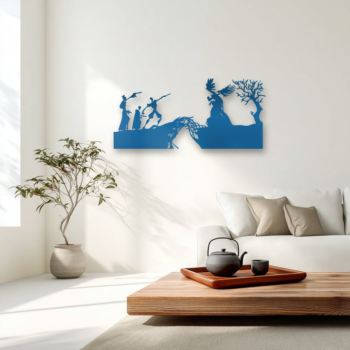 The darkest area reveals a striking deep blue mythological creation metal decoration wall art, showcasing dramatic silhouettes of figures and an eagle.