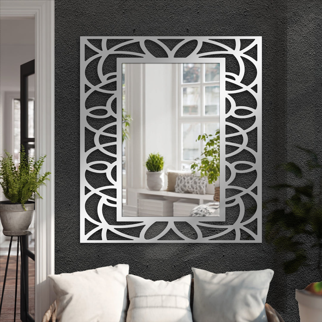 Amidst the darkest area, the symmetrical floral geometry frame floor bathroom mirror is accentuated by a modern black metal pattern, adding depth and style.