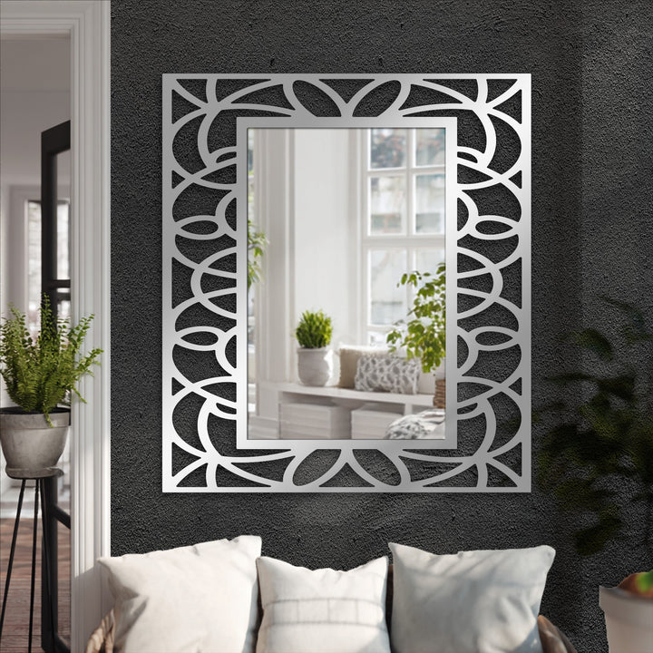 Amidst the darkest area, the symmetrical floral geometry frame floor bathroom mirror is accentuated by a modern black metal pattern, adding depth and style.