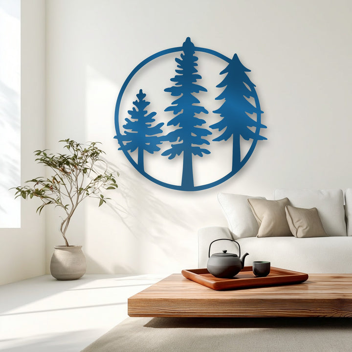 Negative space crisply defines the minimalist circular evergreen forest decorative metal art, highlighting the serene pine tree silhouettes.