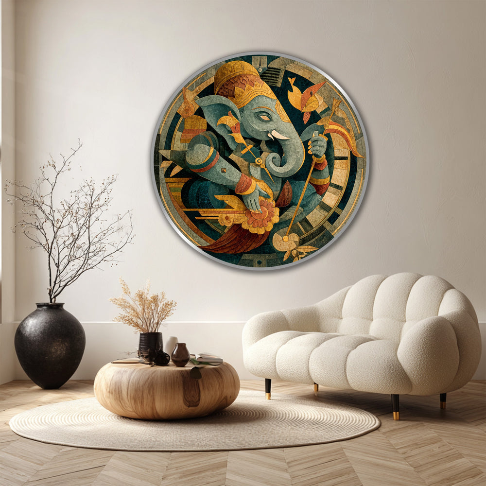 High-quality oil painting artwork featuring the Sacred Ganesha circle on a wooden canvas showcases exceptional material quality, enhancing this mythological round wall art.