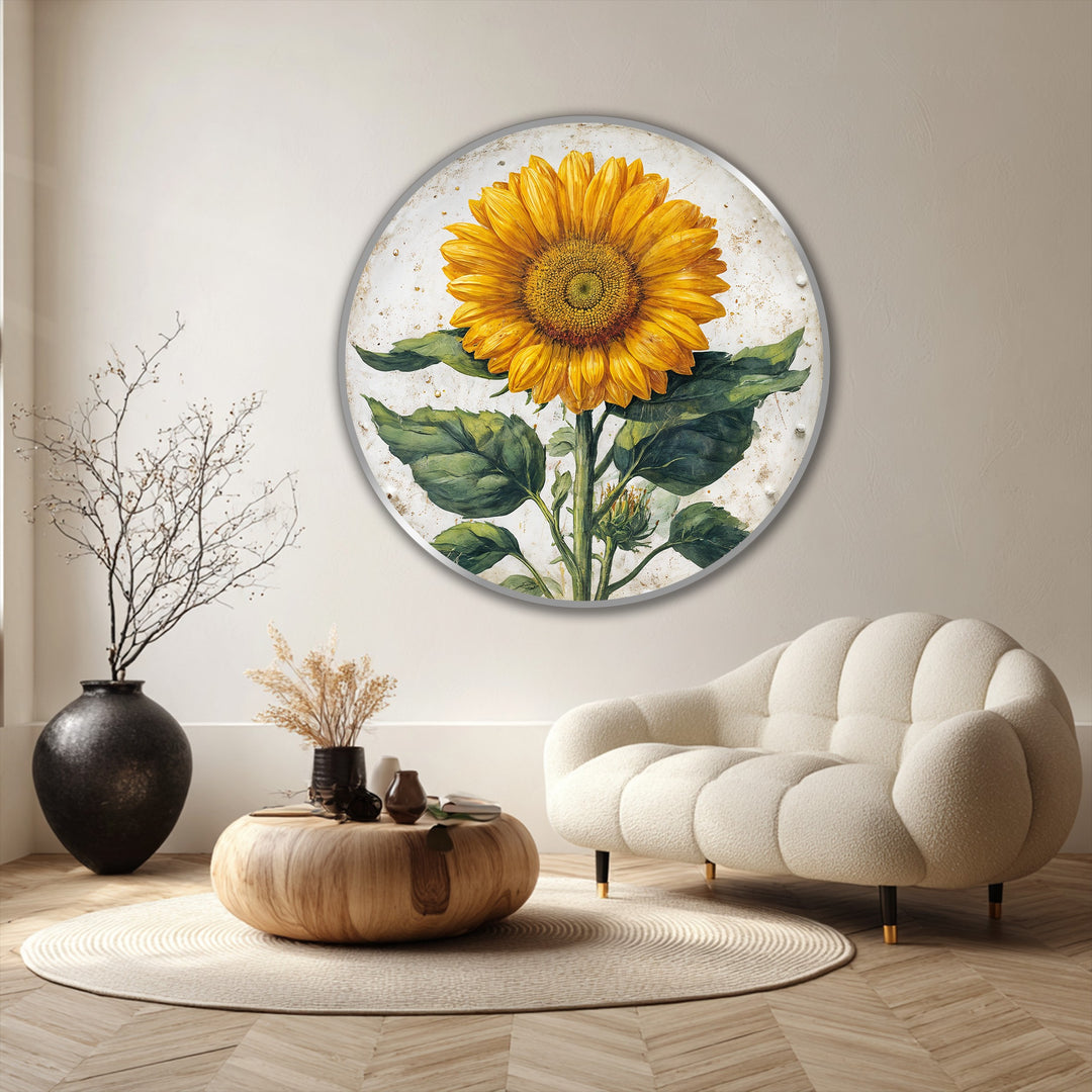 Softest brushstrokes define the golden sunflower in this round botanical oil painting art piece, a comforting and warm nature-inspired wall art.