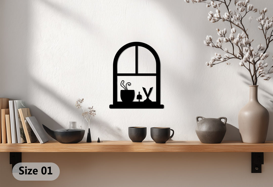 Arched Window Frame with Potted Plant – Minimalist Metal Wall Art Decor
