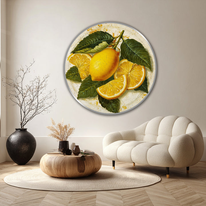 Depicted in this oil painting art piece are a vibrant lemon and lemon slices, a round, rustic citrus still life with vintage charm.