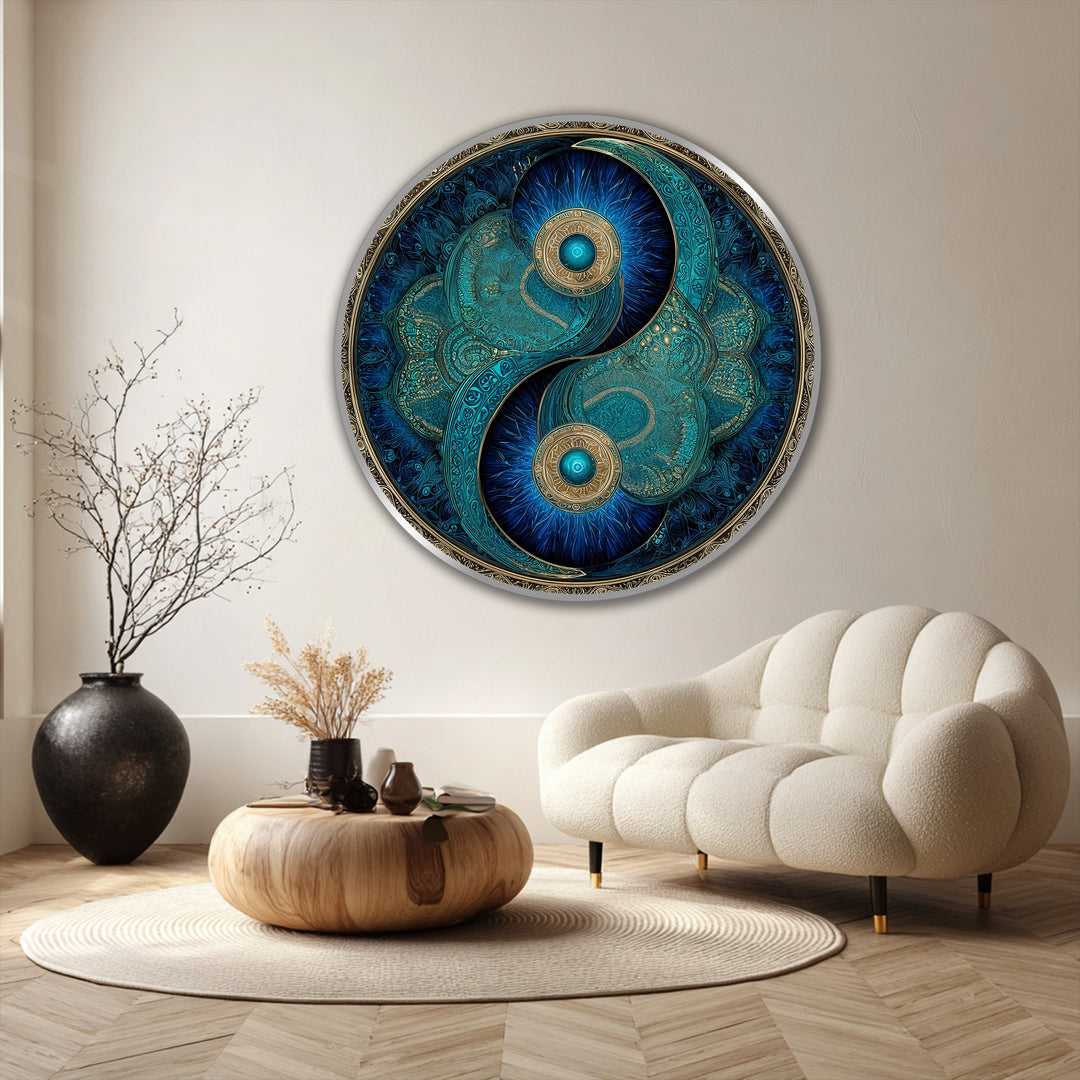 Striking color contrast defines this circular oil painting of a turquoise yin yang symbol, creating a stunning piece of modern oil painting art with golden accents.
