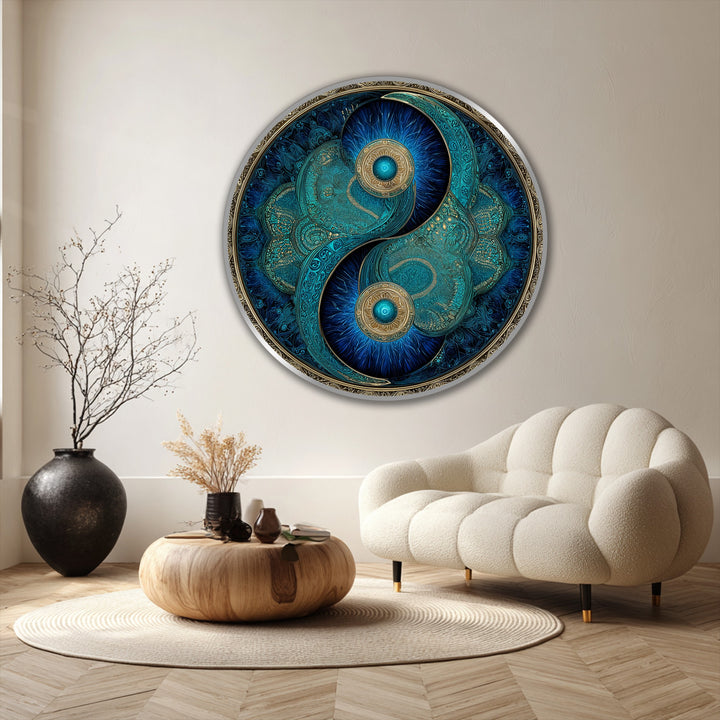 Striking color contrast defines this circular oil painting of a turquoise yin yang symbol, creating a stunning piece of modern oil painting art with golden accents.
