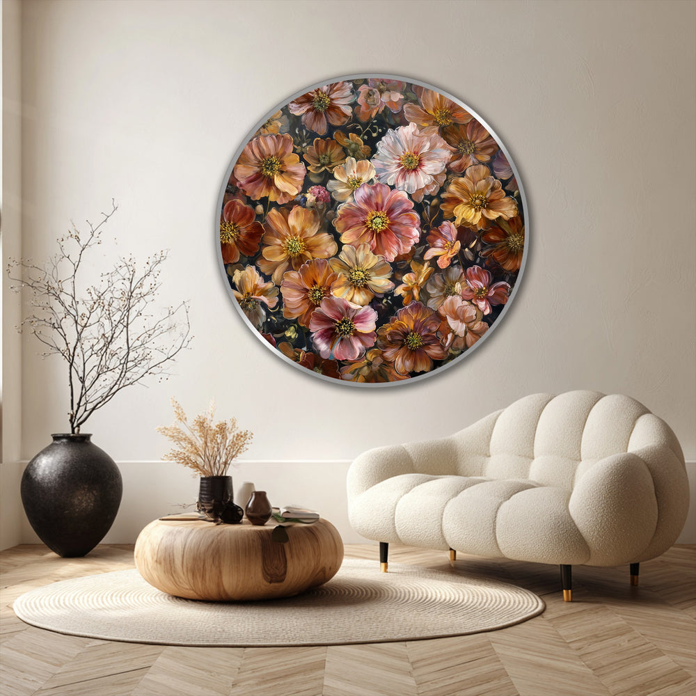 Observe the nuanced transition between amber, blush, and gold tones in this floral round oil painting reproduction print, crafting a symphony of color.