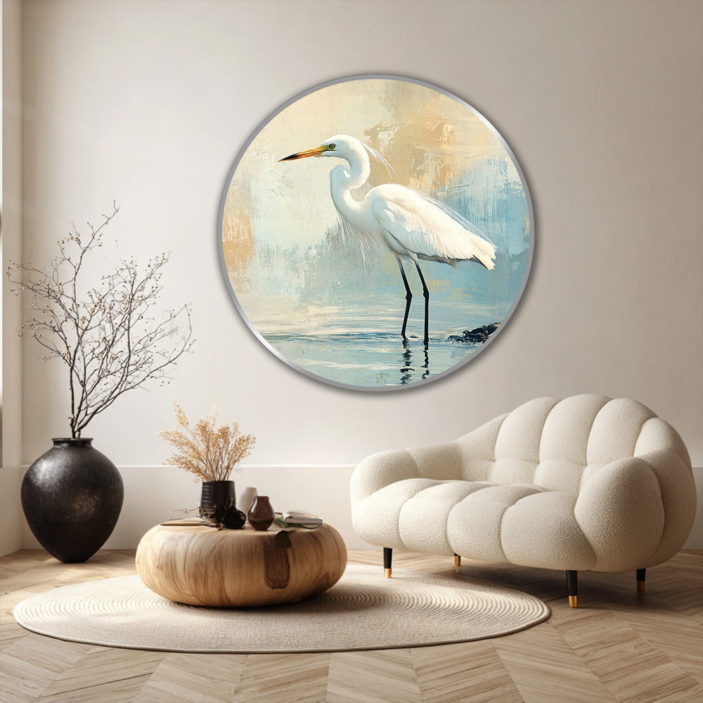 Soft coastal tones of light blue and beige create a serene backdrop for this striking egret oil painting art piece.