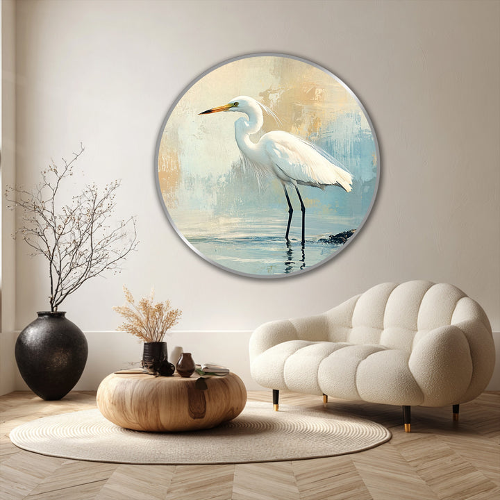 Soft coastal tones of light blue and beige create a serene backdrop for this striking egret oil painting art piece.