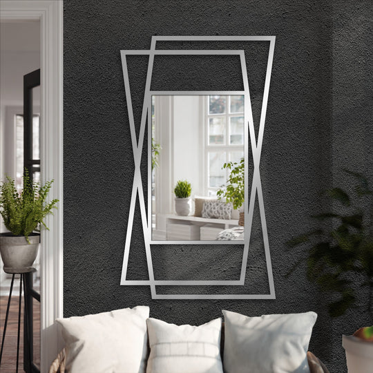 Crafted with sleek black metal lines, this minimal layered angular frame floor mirror boasts premium material quality as one of its alluring modern wall mirrors.