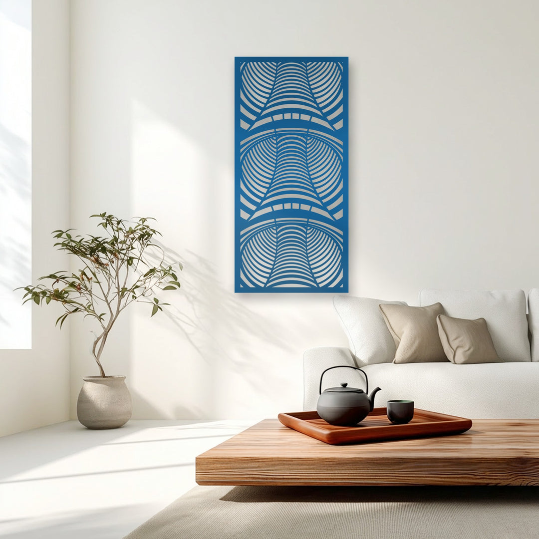 Abstract metal artwork showcases a fascinating geometric arch illusion, creating a sense of modern depth with its intricate curving lines.
