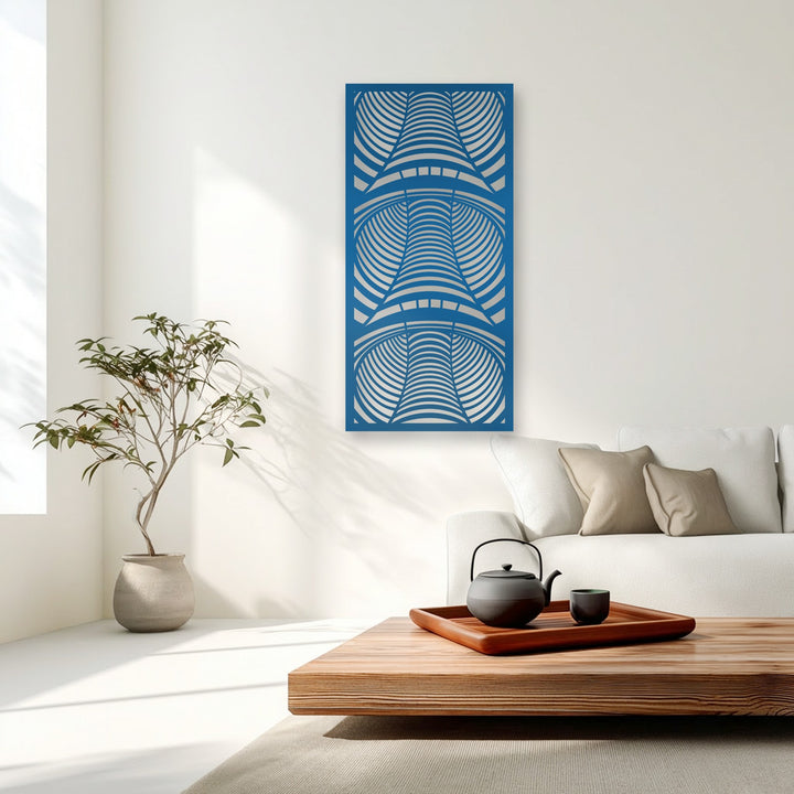 Abstract metal artwork showcases a fascinating geometric arch illusion, creating a sense of modern depth with its intricate curving lines.
