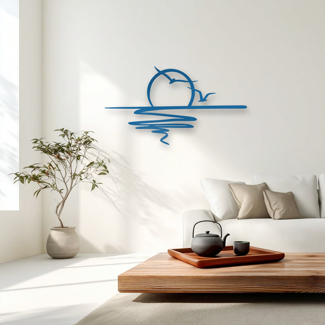Smooth, uniform surface texture defines this blue minimalist sunset birds metal artwork, casting clean shadows on the white wall.