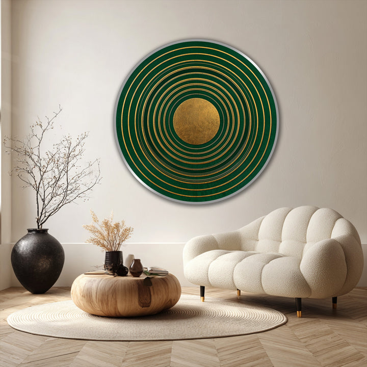The realistic detail showcases the Emerald Orbit Rings round oil painting home decor, highlighting its rich emerald green tones and meticulous concentric gold rings.