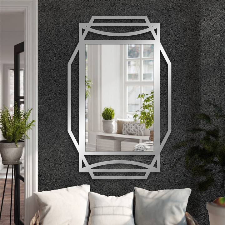 Stillness is captured in the reflection of this art deco accent rectangular floor decorative mirror, showcasing a simple framed geometric design.