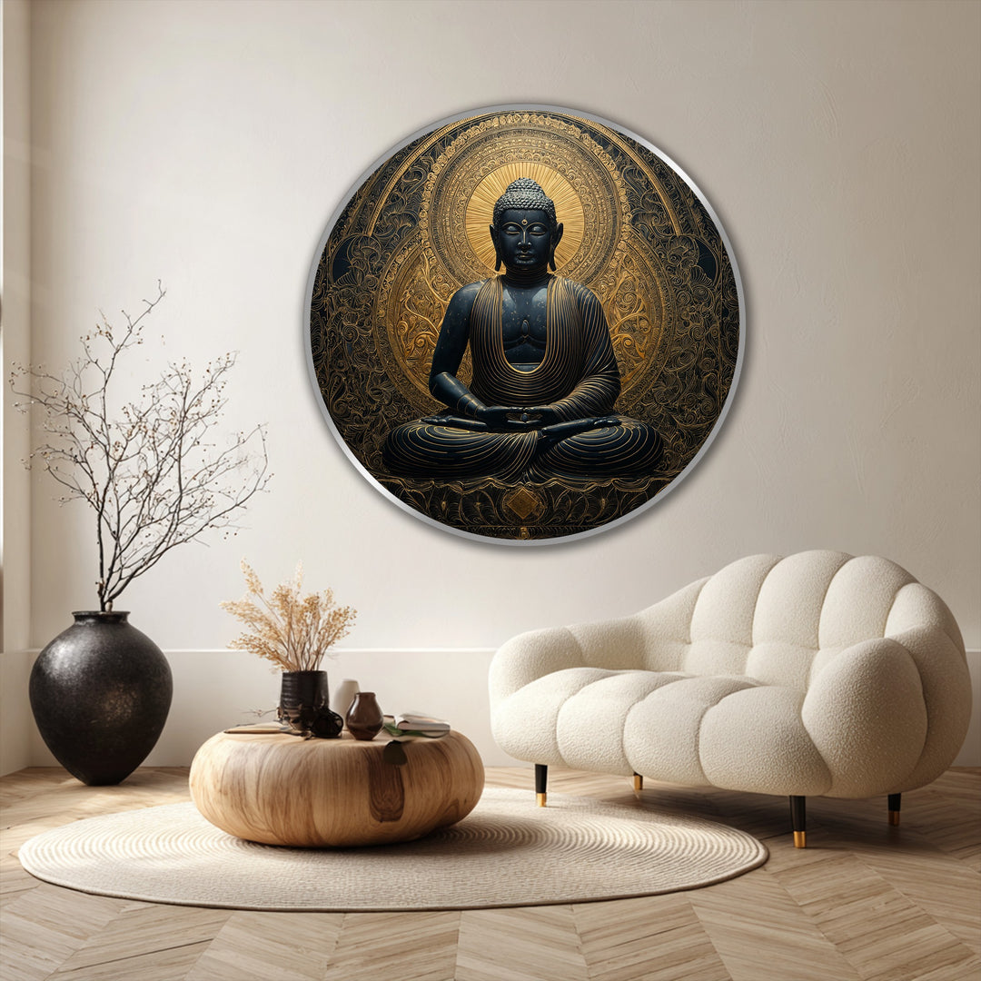 Highlighting the intricate detailing, this Golden Serenity Buddha round oil painting home decor is a focal point radiating peace with its mandala halo.