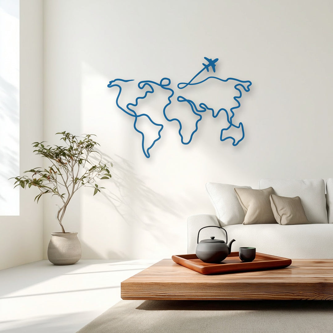The smooth, matte blue finish of the minimalist world map metal decoration wall art creates a contemporary, artistic display.