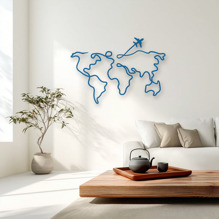 The smooth, matte blue finish of the minimalist world map metal decoration wall art creates a contemporary, artistic display.