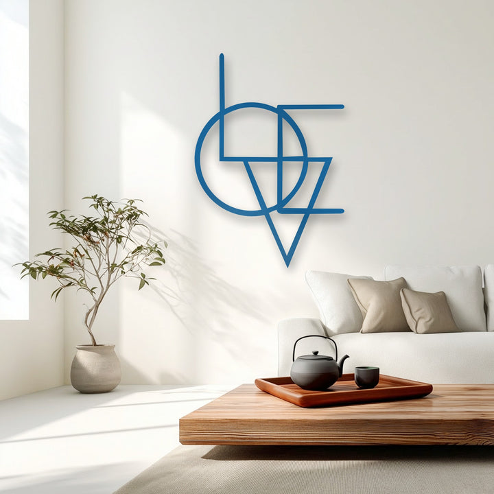 Featuring a smooth, matte royal blue finish, this modern minimalist geometric metal wall decor adorns a bright white living room wall.