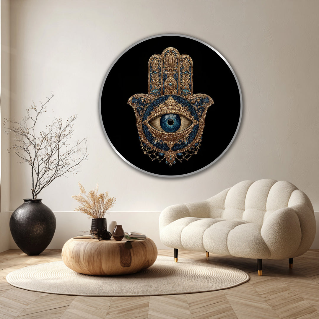 Organic forms create an ornate mystic Hamsa eye within the round oil painting art piece, a protective symbol in gold and deep blues.