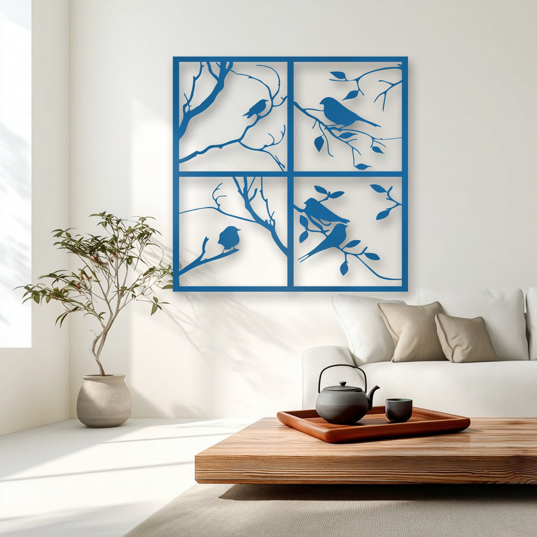 The visual rhythm of the four-panel bird silhouette metal wall decor creates a calming, repeating nature window frame design.