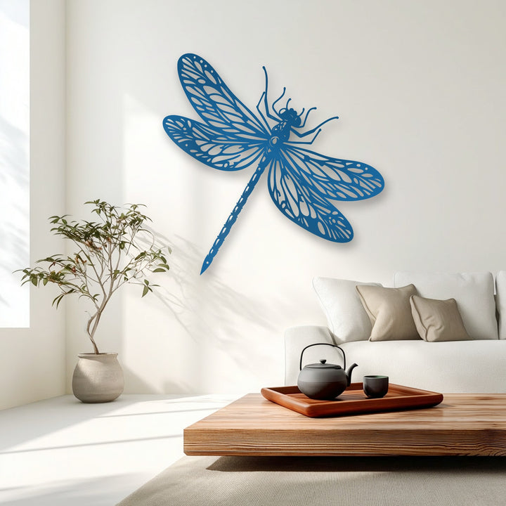 An abstract, elegant azure dragonfly metal art for wall showcases intricate wings against a soft white background, offering a serene, modern aesthetic.