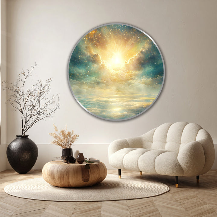 Vibrant color saturation enhances the celestial radiance of this round oil painting art piece, depicting a divine sky with glowing clouds and golden light.