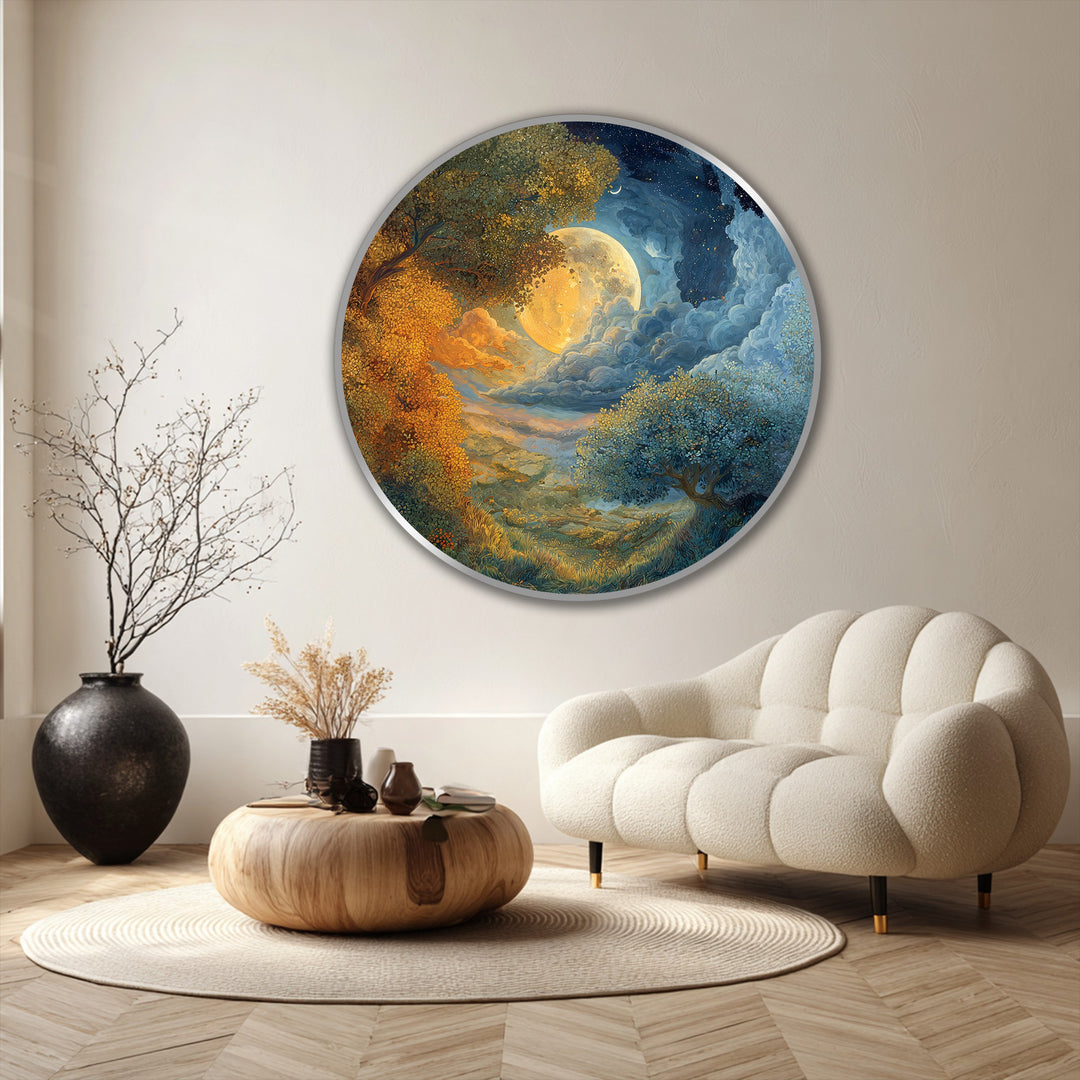 The realistic detail in this moonlit harmony round oil painting art piece highlights the brushstrokes and dreamlike texture of the celestial landscape.