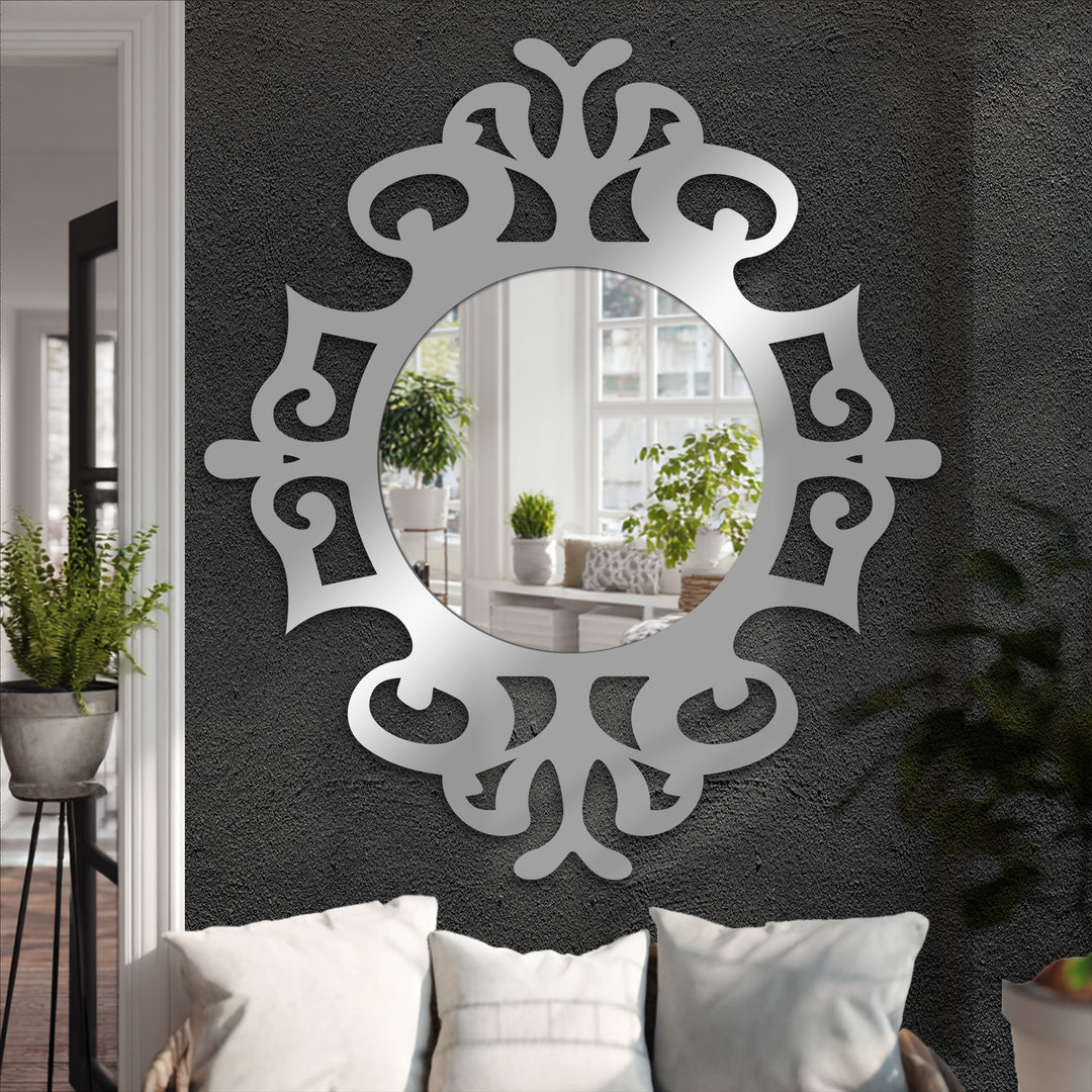 The brightest area, a sunlit reflection of a vibrant room, is impeccably showcased by the classic ornate unique metal wall art.