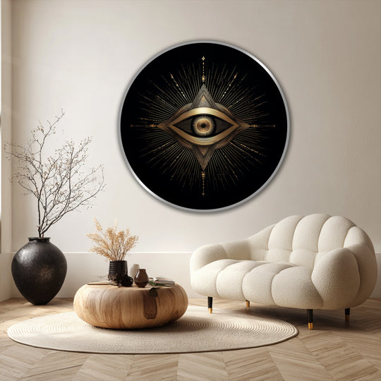 Surface texture reveals brushstrokes adding depth to the radiant sacred eye round oil painting art piece, with golden geometric details on a black background.