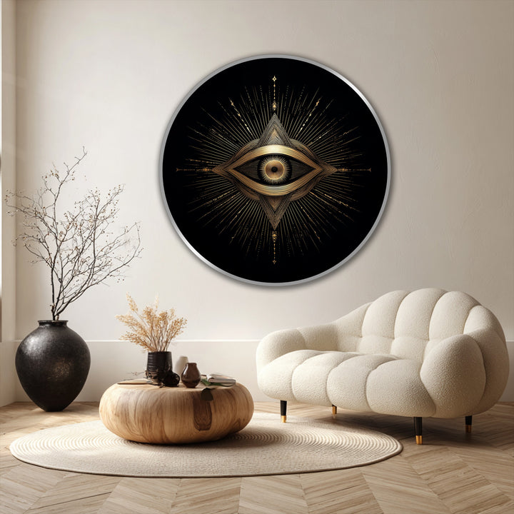 Surface texture reveals brushstrokes adding depth to the radiant sacred eye round oil painting art piece, with golden geometric details on a black background.