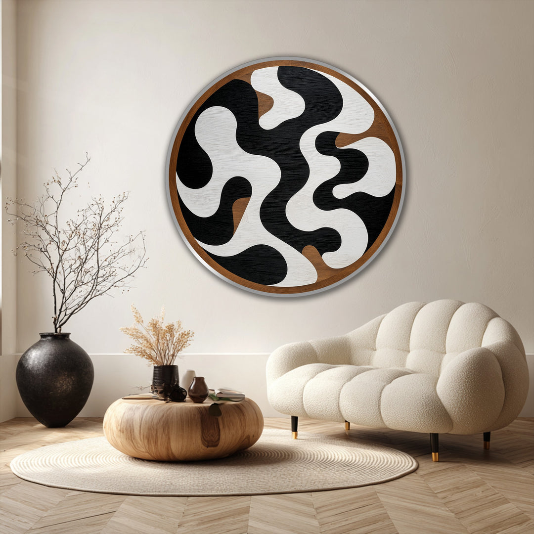 Depth and layers are highlighted in this round abstract oil painting featuring monochrome flow, suggesting an oil painting reproduction print with wood grain and fluid organic shapes.