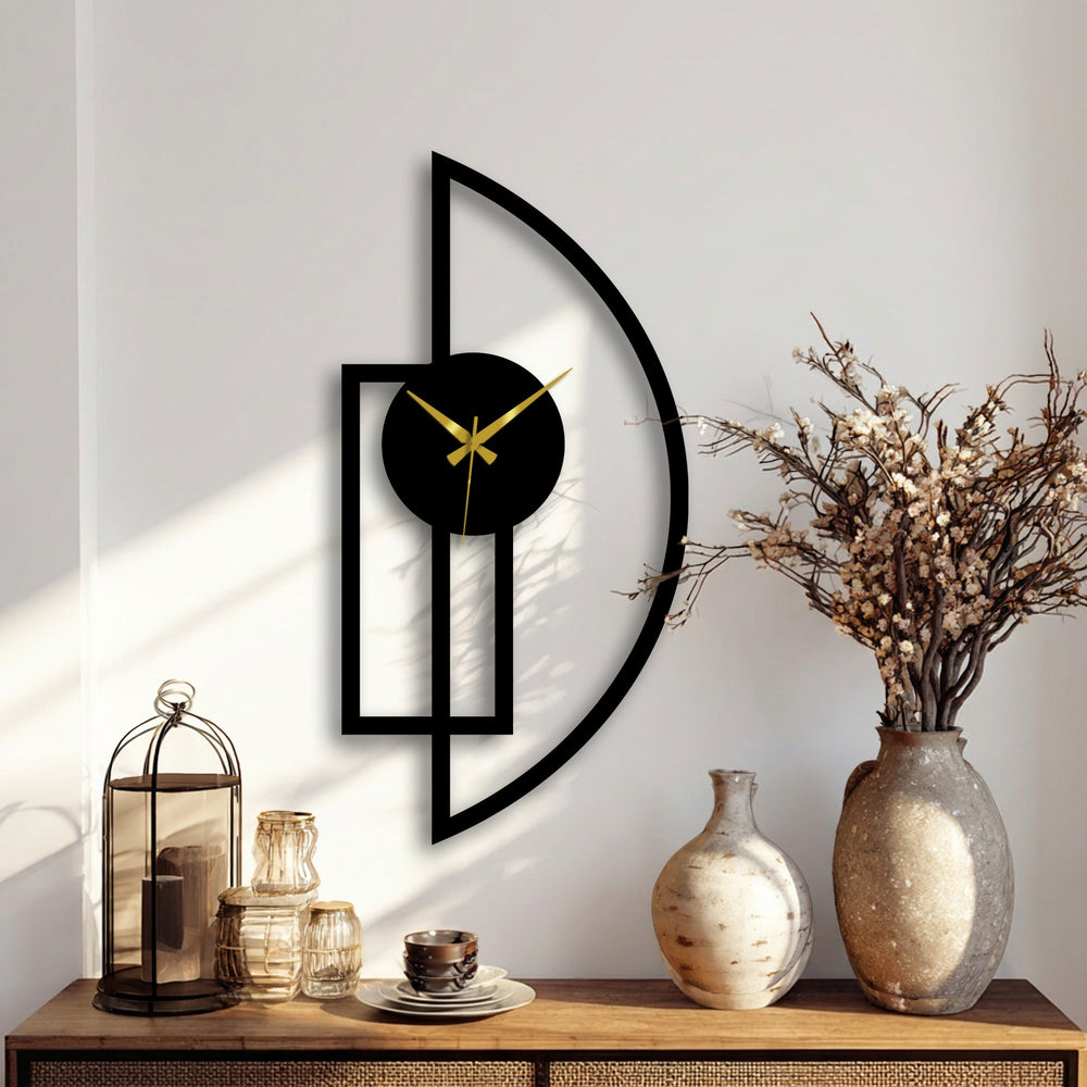 Highlighting the edge and borders of the half moon metal wall clock, this decorative metal art features a geometric frame defining its modern design.