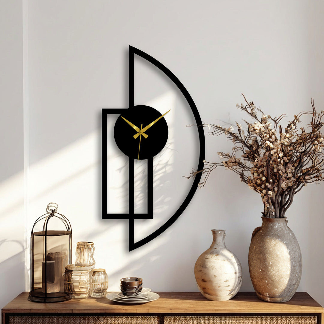 Highlighting the edge and borders of the half moon metal wall clock, this decorative metal art features a geometric frame defining its modern design.