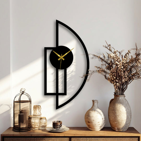 Highlighting the edge and borders of the half moon metal wall clock, this decorative metal art features a geometric frame defining its modern design.