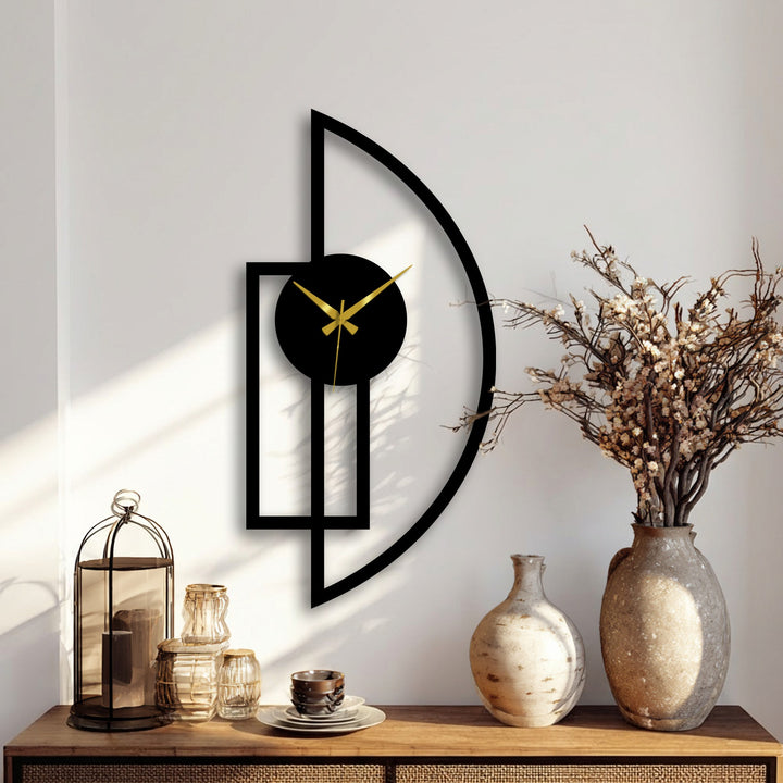 Highlighting the edge and borders of the half moon metal wall clock, this decorative metal art features a geometric frame defining its modern design.