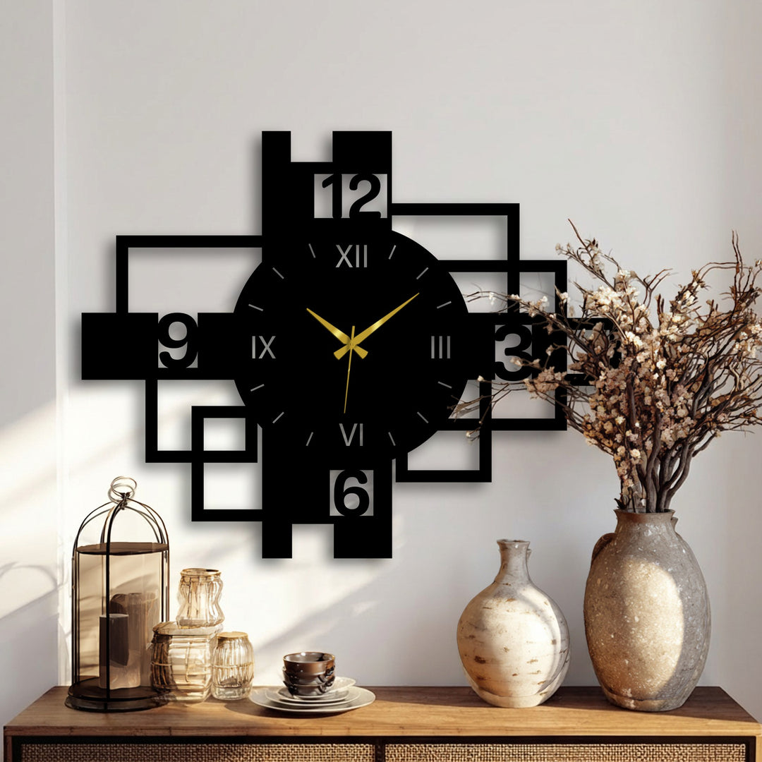 Reduced color saturation gives a modern geometric metal wall clock with roman numerals and square frame a vintage, stylish aesthetic, highlighting its decorative metal art.