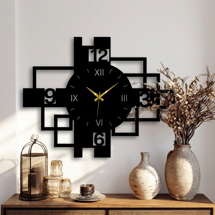 Reduced color saturation gives a modern geometric metal wall clock with roman numerals and square frame a vintage, stylish aesthetic, highlighting its decorative metal art.