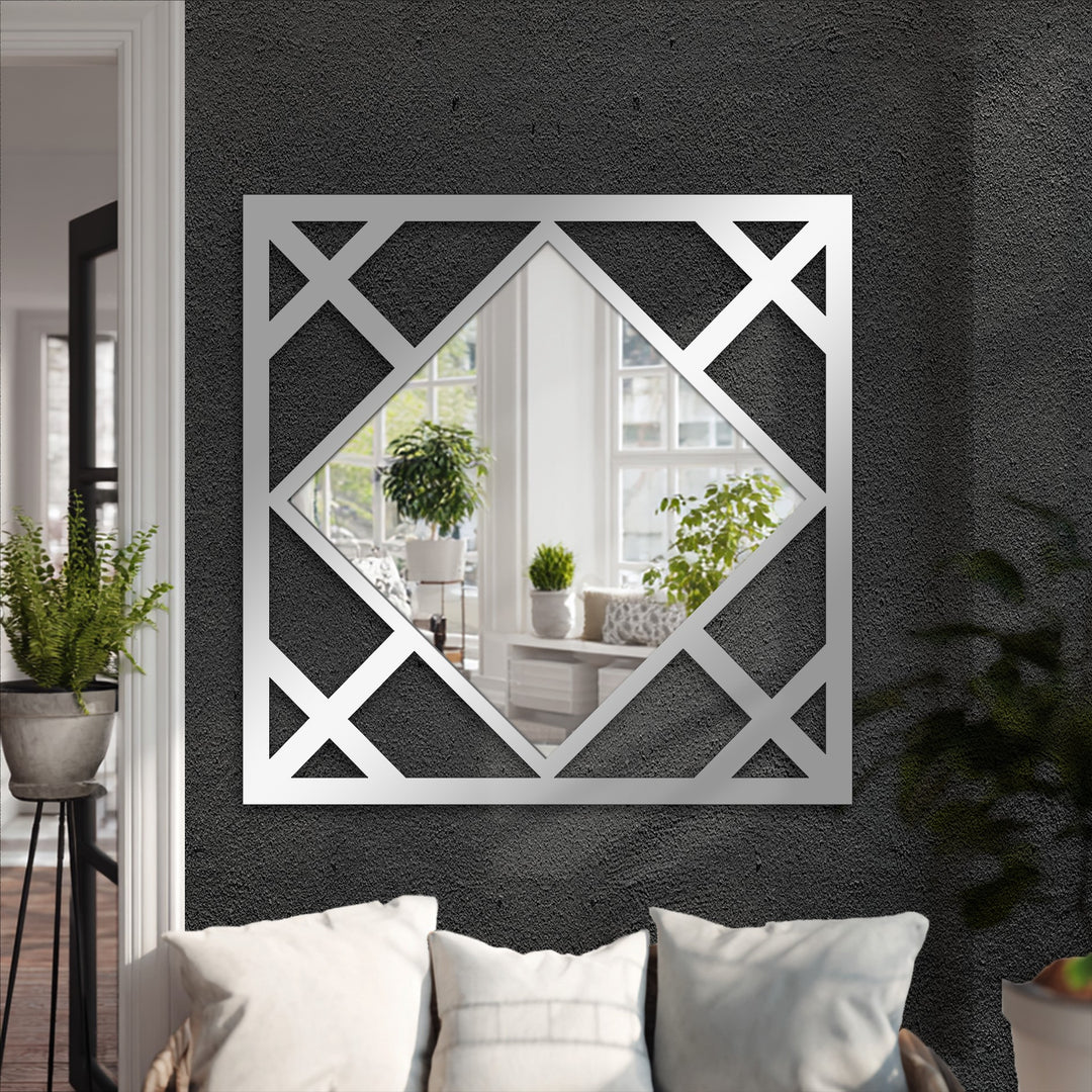 Horizontally oriented, square diamond lines geometric wall mirror featuring a unique shape and frame offers an exquisite piece of decoration wall art.