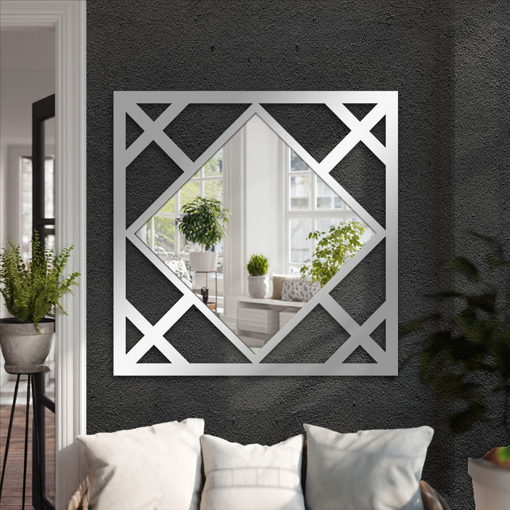 Horizontally oriented, square diamond lines geometric wall mirror featuring a unique shape and frame offers an exquisite piece of decoration wall art.