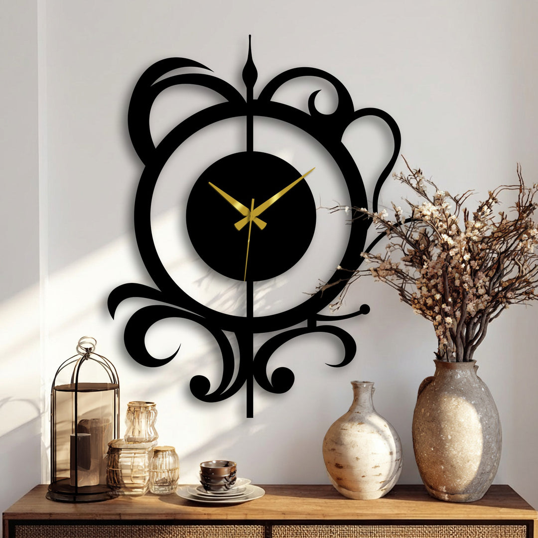 Negative space surrounds the elegant floral scroll design of this modern metal wall clock, offering a minimalist home decoration focal point.